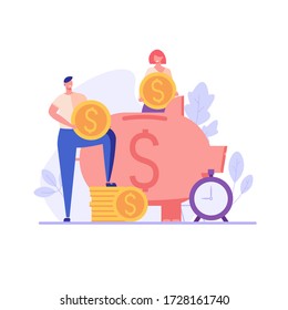 Man puts money in piggy bank with coins and credit card. Concept of banking, saving money, deposit, cash back. Vector illustration in flat design for UI, web banner, mobile app