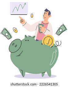 Man puts money in piggy bank with coins and dollar bills. Concept of banking, saving money, deposit, cash back. Open bank deposit, plan finance budget, investment. Diversification of savings