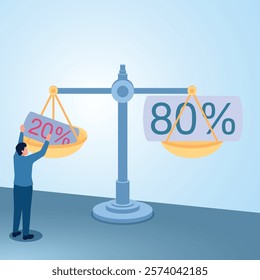 A man puts the number 20 on the scale and it balances with the number 80. Illustration for the Pareto principle in business.