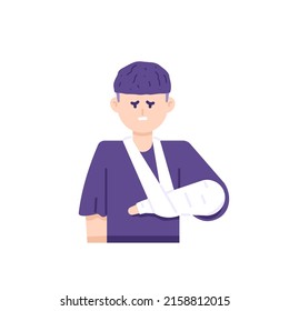 a man puts on a cast on the arm. fractures, hand injuries, pain. body problems. flat cartoon illustration. vector design