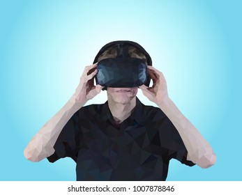 The man puts on glasses vr (virtual reality). A low poly vector image. A blue gradient background.