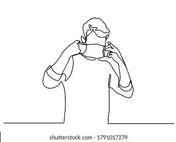 Man puts on a mask. Single line drawing of young man wearing mask. Hygienic mask to prevent infection, airborne respiratory illness such as flu, corona virus. Protection against contagious disease.