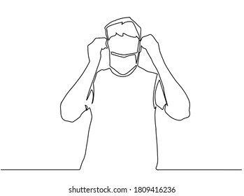 Man puts on a mask. Single line drawing of young man wearing mask. Hygienic mask to prevent infection, airborne respiratory illness such as flu, corona virus. Protection against contagious disease.