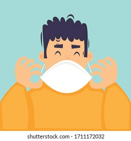 Der Mensch zieht eine Maske an, ein Virus, eine Erkältung.  Flaches Design Vektorillustration Illustration.