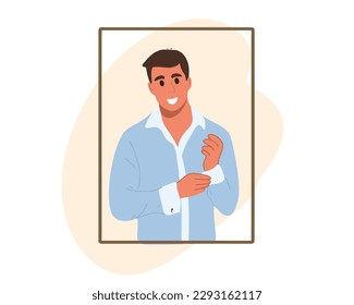 A man puts on a shirt and fastens a button on the cuff. Vector illustration