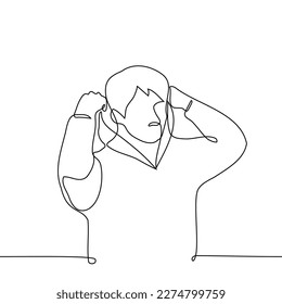man puts on or takes off hood in hoodie - one line drawing vector. concept of hiding or revealing oneself