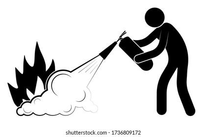 man puts out a fire from a fire extinguisher. Emergency actions. Dangerous professions. Isolated vector on white background