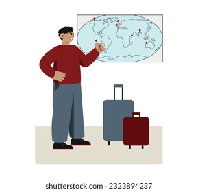 Man puts pins on world map. Male character marks places he visited. Experienced tourist packed his suitcases. Traveler is ready to travel. Preparation for summer vacation trip