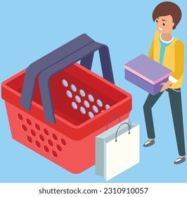 Man puts purchase in shopping cart. Food and shopping bag basket. Purchases, orders in online store. Buying online with website for internet shopping. Digital marketing and virtual shop in laptop