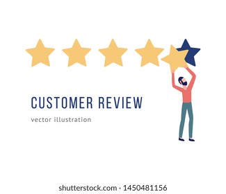 Man puts star rating the customers quality review banner with copy space for your text flat style vector illustration isolated on white background. Template for ranking.