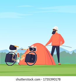 Man puts up a tent, travels on a bicycle. Cycling, bikepacking. Flat design vector illustration.