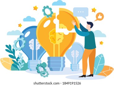  A man puts together a puzzle with a light bulb. Put together a puzzle, create an idea. Modern flat colorful vector illustration.