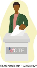 Man puts vote bulletin into vote box. Election concept. Presidential Election Day Vote Box. USA. Flat design vector illustration