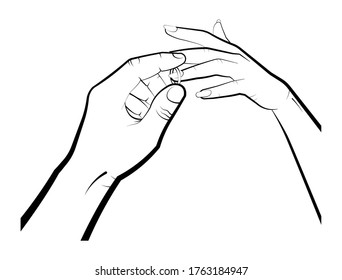 man puts a wedding ring on a womans finger. Marriage, family, wedding ceremony. Isolated eyelid on a white background