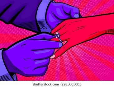 Man puts a wedding ring on a woman's finger, vector illustration in pop art comic style. Male and female hands, engagement, marriage proposal, wedding concept