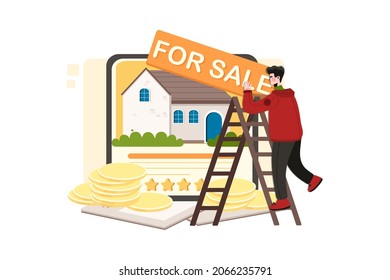 Man putting an ad for house selling Illustration concept. Flat illustration isolated on white background.