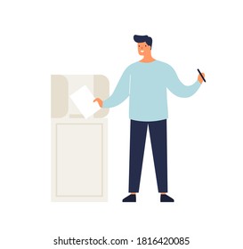 Man putting ballot in box taking part at voting vector flat illustration. Happy male elector making choice of political candidates at polling station isolated. Voter choosing politician at election