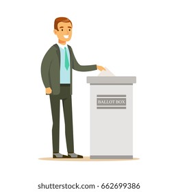 Man putting a ballot into a voting box, casting vote vector character Illustration