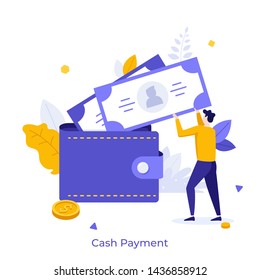 Man putting banknotes and coins taking out of wallet. Creative concept of cash payment, money transaction, saving and economy, personal financial management. Flat cartoon colorful vector illustration.