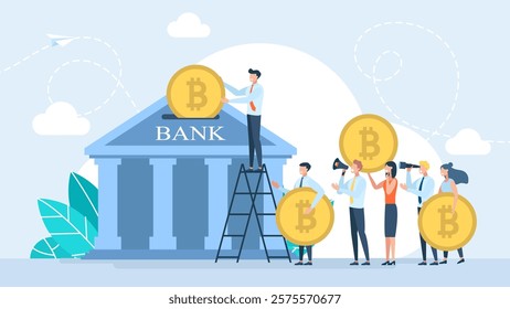 Man putting bitcoin into piggy bank. Crypto currency savings concept. 
Bitcoin and business concept. Virtual currency, digital banking. Investment in cryptocurrency. Vector illustration