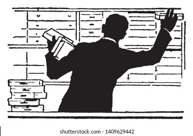 A man putting boxes on shelves, vintage line drawing or engraving illustration