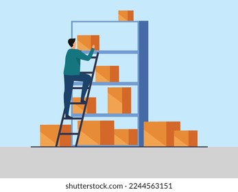 Man putting boxes on shelves of rack. Staircase, management. Lifting box and objects from height and keeping boxes in high rake using ladder in manual handling training. working warehouse keeping box.