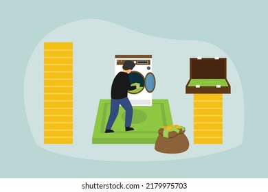 Man putting cash in the laundry for corruption