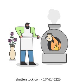 Man putting clay pot in pottery kiln fire to burn. Handmade ceramic production process. Cartoon craftsman workshop master creating earthenware. Vector illustration