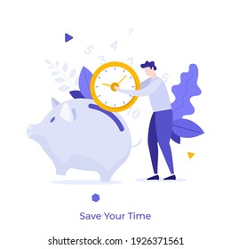 Man putting clock-like coin into piggy bank. Concept of saving time techniques, tips and tricks for planning, scheduling, work organization and management. Modern flat colorful vector illustration.