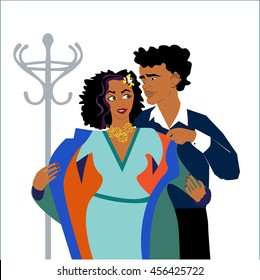man putting coat on his girlfriend.good manners.etiquette.african couple and hanger