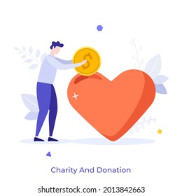 Man putting coin into heart. Concept of charity, donation, financial assistance, aid or support, philanthropy, donating money to nonprofit organization or foundation. Modern flat vector illustration.
