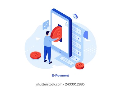 Man putting coin into smartphone screen. E payment advantages concept isometric vector illustration. Customer choosing safe online financial transactions cartoon character colour composition