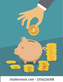 Man putting coin in piggy bank, budget saving money, invest