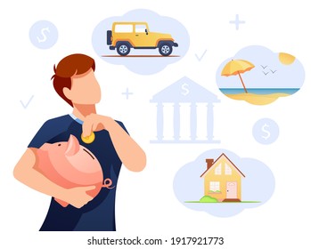 Man Is Putting Coin In Piggy Bank, His Dreams On The Background. Bank, Budget, Finance, Money Savings Concept. Isolated Vector Illustration For Flyer, Poster, Banner, Advertising. 