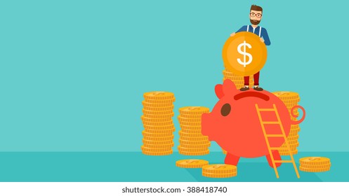 Man putting coin in piggy bank.