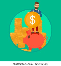 Man putting coin in piggy bank.