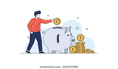 Man putting coins into a large piggy bank with stacked coins and bubbles in the background financial saving concept illustration