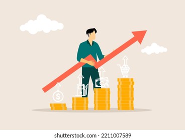 A Man Putting Cube And Inflation Word An On Coins In Idea For FED Consider Interest Rate Hike, World Economics, And Inflation Control. Vector Illustration Concept.