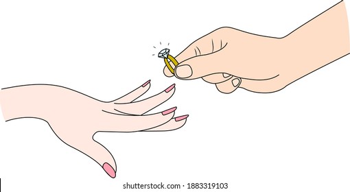 Man putting a diamond ring on woman’s finger. Vector illustration