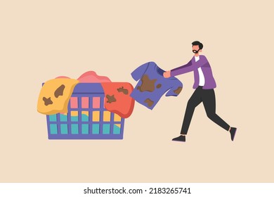 Hombre poniendo ropa sucia en una cesta. Concepto de lavandería. Ilustración vectorial plana aislada. 