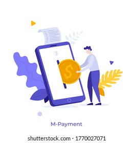 Man putting dollar coin into slot on smartphone. Concept of application or service for mobile payment, secure transaction, technology for electronic commerce. Modern flat colorful vector illustration.