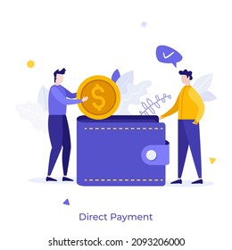 Man putting dollar coin into other man's wallet. Concept of direct payment, paying by cash, money transfer, personal financial transaction. Modern flat colorful vector illustration for banner, poster.