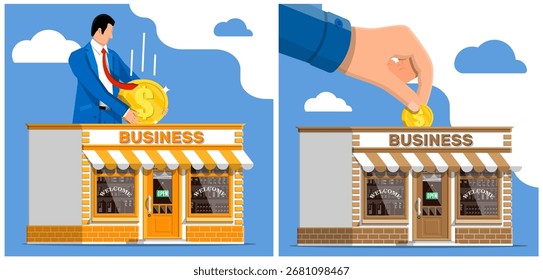 Man putting dollar coin into store. Hand putting coin into shop. Business investment, small business, startup, purchase, commerce concept.