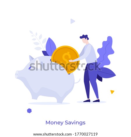 Man putting dollar coin into piggy bank. Concept of money savings, personal investment, finance, funding, bank deposit, capital accumulation. Modern colorful flat vector illustration for banner.