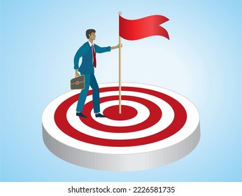 Man putting down flag in bulls eye. Vector illustration.