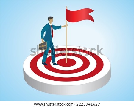 Man putting down flag in bulls eye on dart board. Vector illustration.