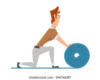 Man putting down linoleum flooring.
Flooring installation illustration. Color vector illustration.