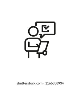 Man putting down results or answers line icon. Auditor, estimator, client. Survey concept. Vector illustration can be used for topics like business, marketing, service