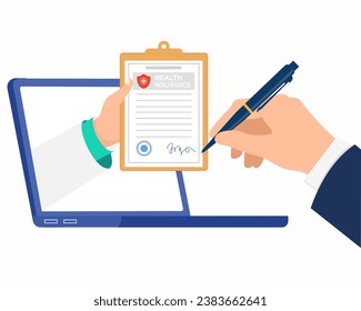  Man putting e signature into a medical health insurance document paper man signing an agreement or health insurance paper online Digital signature.