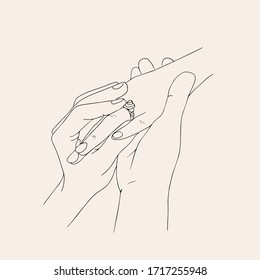 Man Putting Engagement  Ring On Woman Hand, Outdoor. Marriage Proposal. Graphic Vector Illustration. Line Art, Sketch. Wedding Ring. Hand Draw Vector Illustration